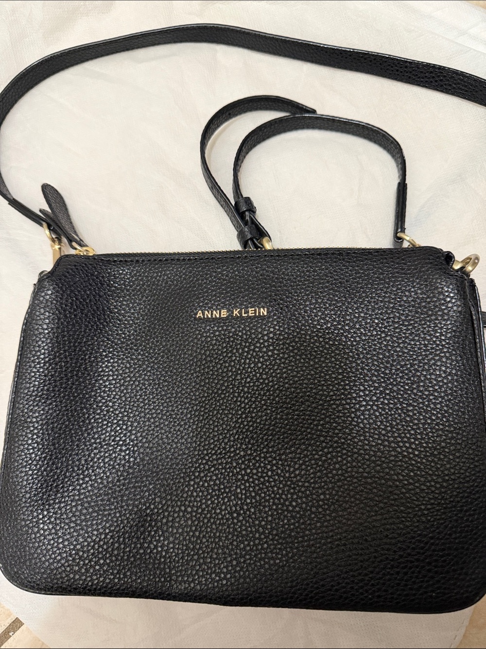 Anne Klein Black Pebbled Leather Crossbody with Gold Logo